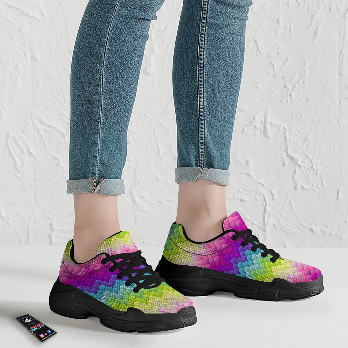 Neon Rainbow Light Blobs Print Pattern Black Chunky Shoes-grizzshop