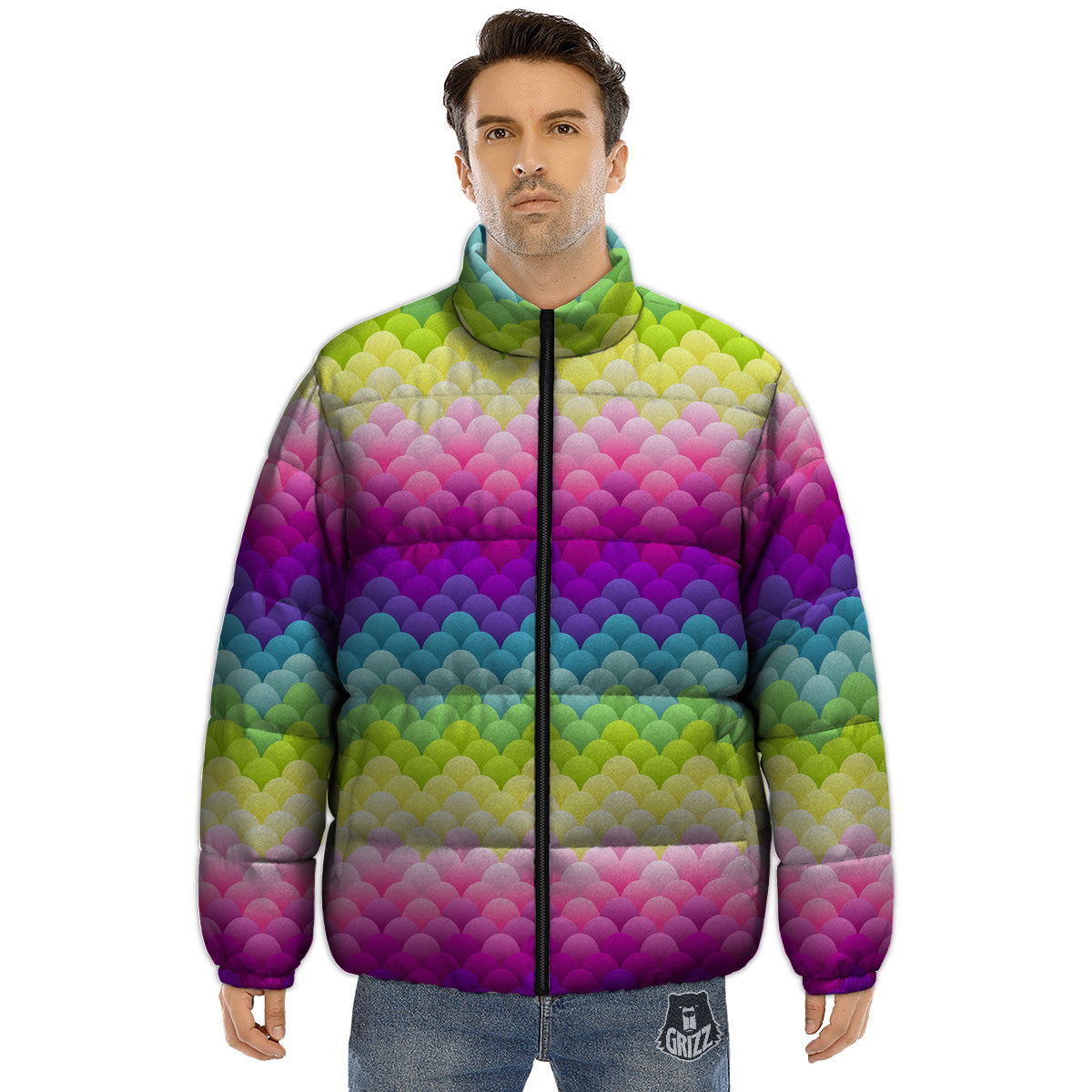 Neon Rainbow Light Blobs Print Pattern Puffer Jacket-grizzshop