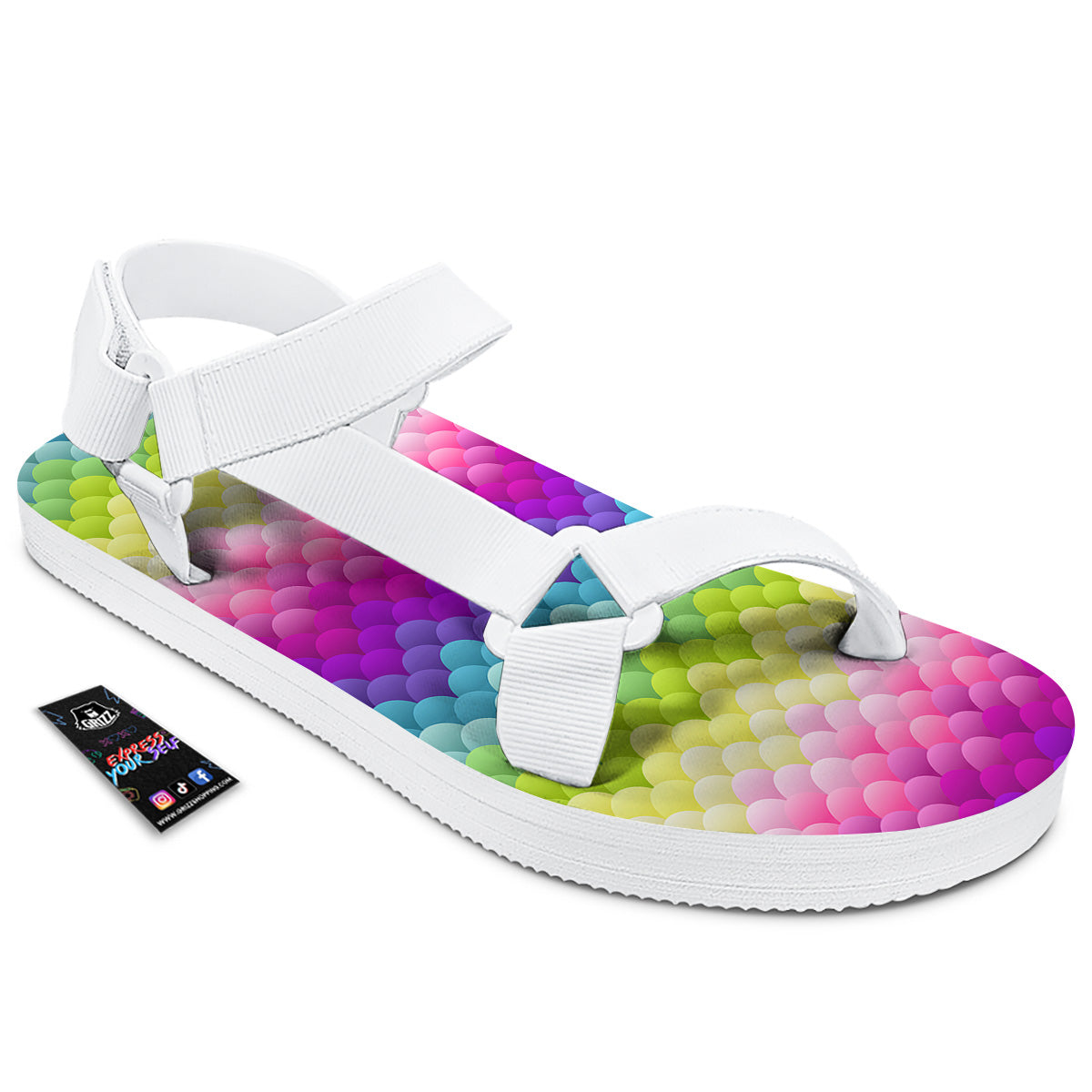 Neon Rainbow Light Blobs Print Pattern White Open Toe Sandals-grizzshop