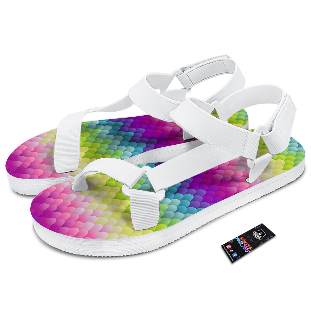 Neon Rainbow Light Blobs Print Pattern White Open Toe Sandals-grizzshop