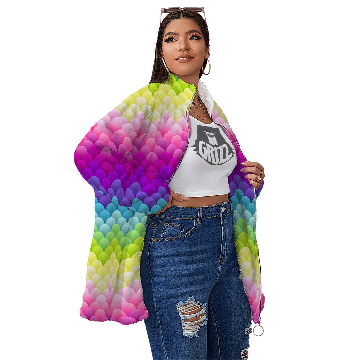 Neon Rainbow Light Blobs Print Pattern Women's Sherpa Jacket-grizzshop