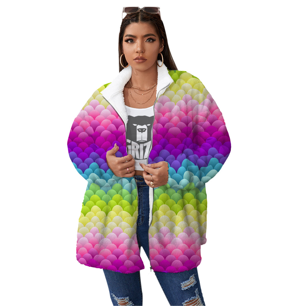 Neon Rainbow Light Blobs Print Pattern Women's Sherpa Jacket-grizzshop