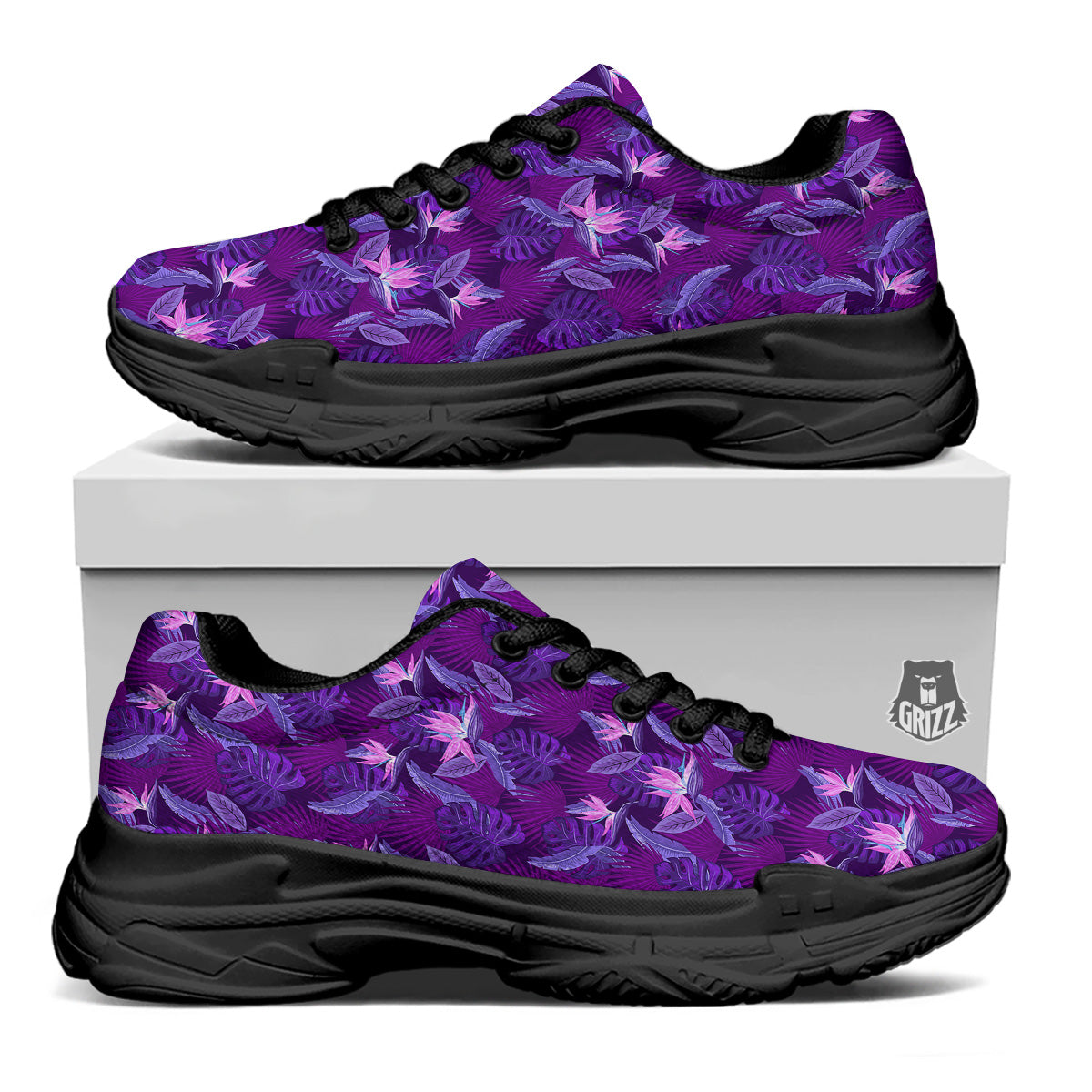 Neon Tropical Foliage And Leave Print Pattern Black Chunky Shoes-grizzshop