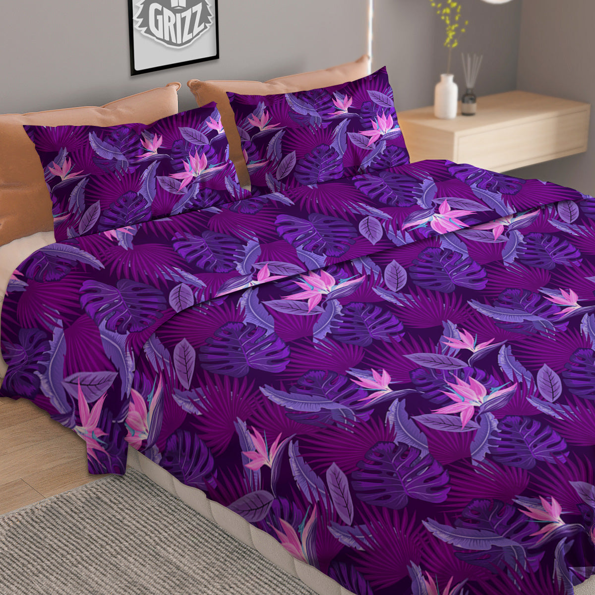 Neon Tropical Foliage And Leave Print Pattern Duvet Cover Bedding Set
