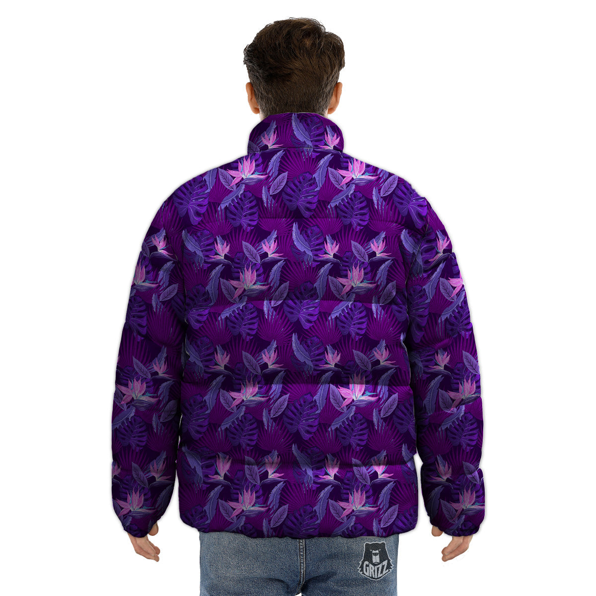 Neon Tropical Foliage And Leave Print Pattern Puffer Jacket-grizzshop