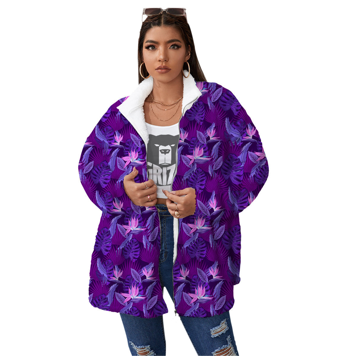 Neon Tropical Foliage And Leave Print Pattern Women's Sherpa Jacket-grizzshop