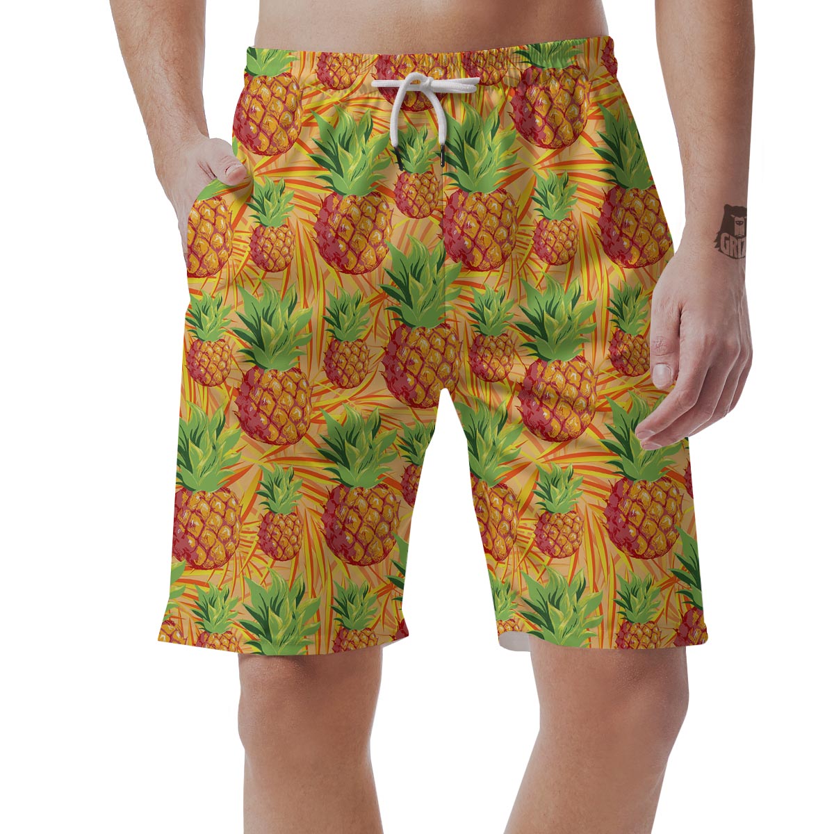 Neon Yellow Pineapple Hawaiian Print Men's Shorts-grizzshop