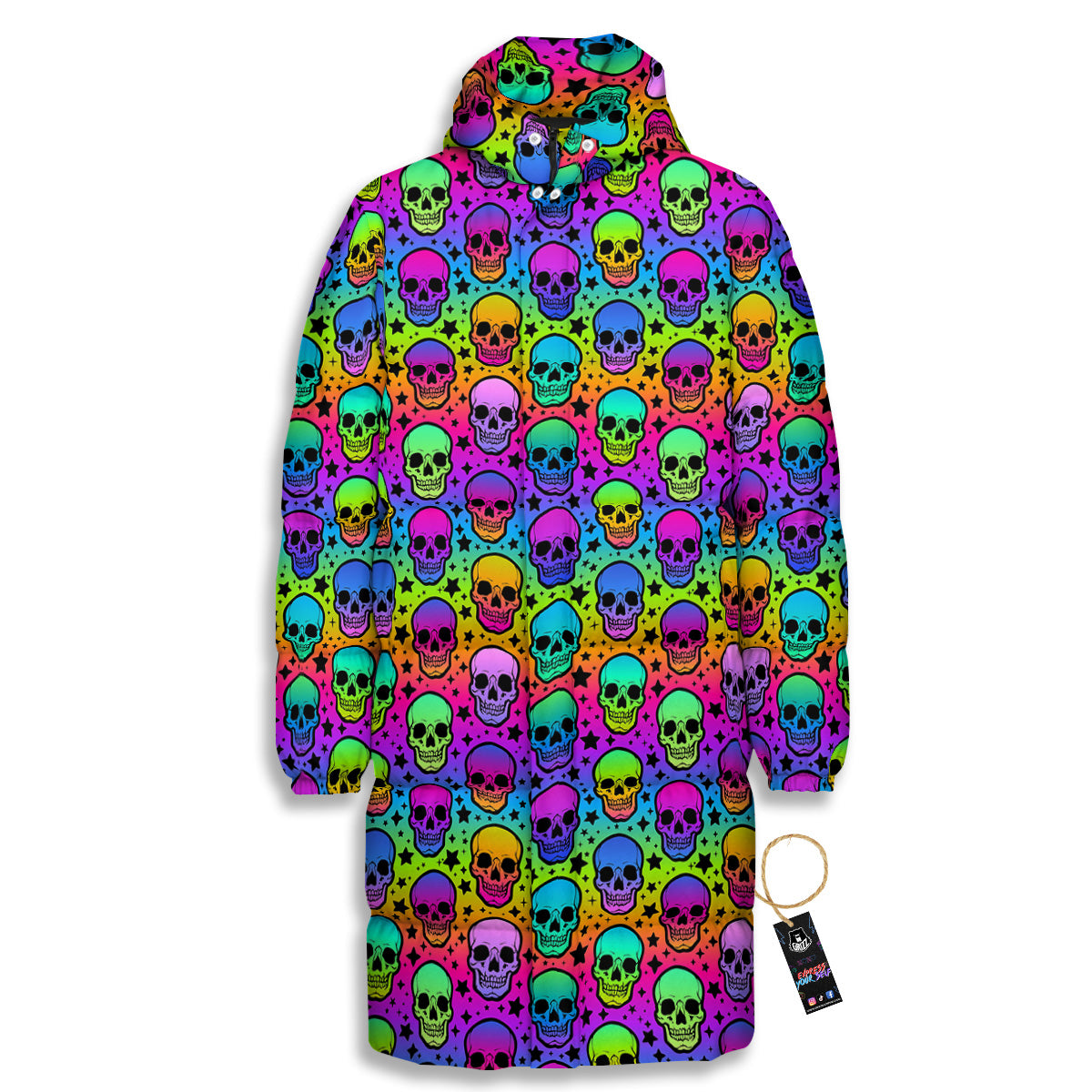Neon Bright Human Skulls Print Pattern Long Down Jacket