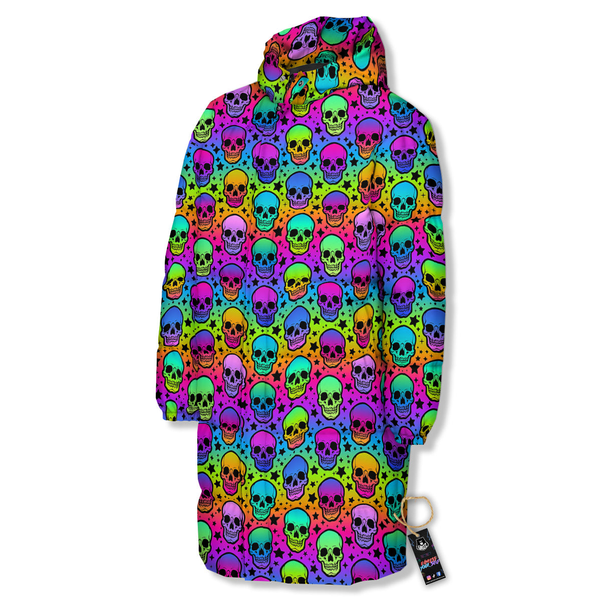 Neon Bright Human Skulls Print Pattern Long Down Jacket