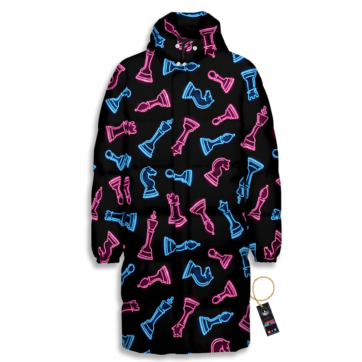 Neon Chess Pieces Print Pattern Long Down Jacket