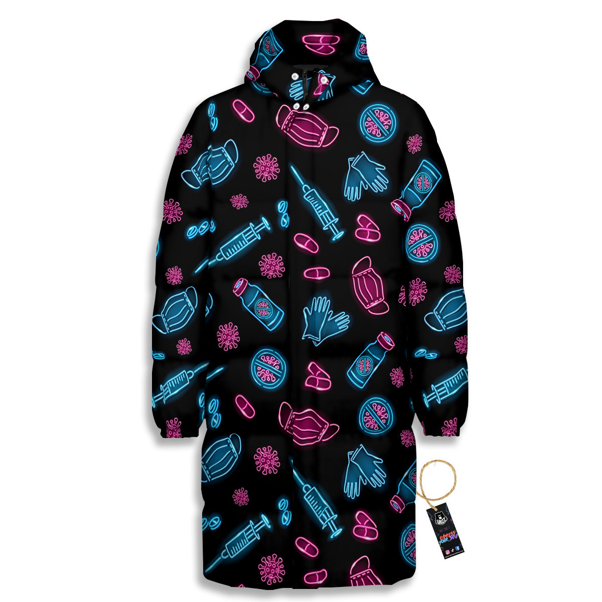 Neon Medical Equipment Print Pattern Long Down Jacket