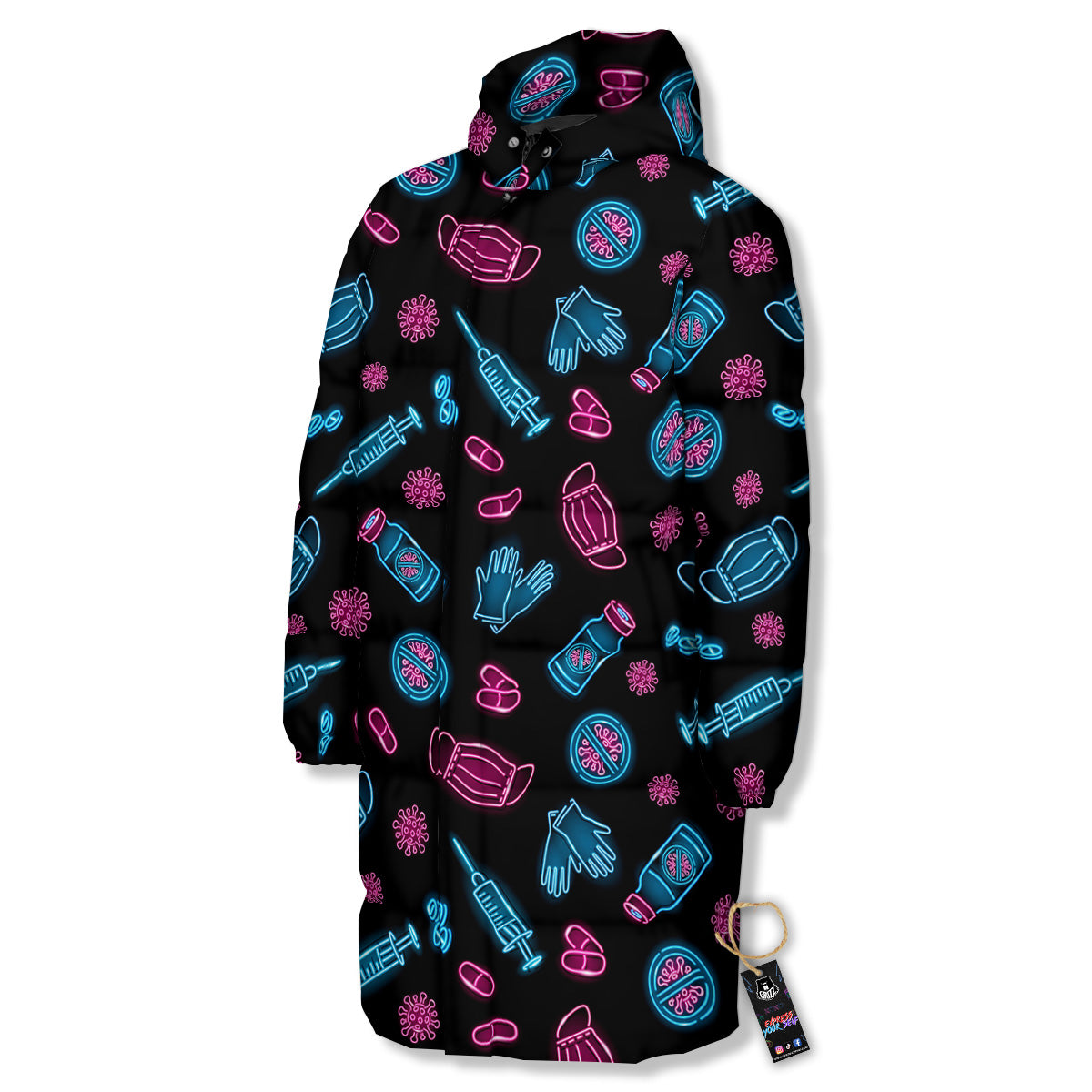 Neon Medical Equipment Print Pattern Long Down Jacket