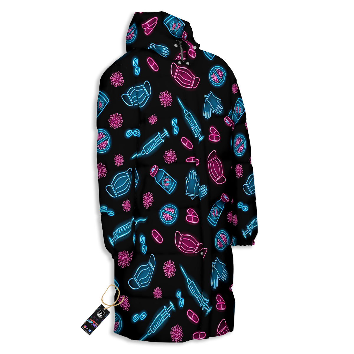 Neon Medical Equipment Print Pattern Long Down Jacket