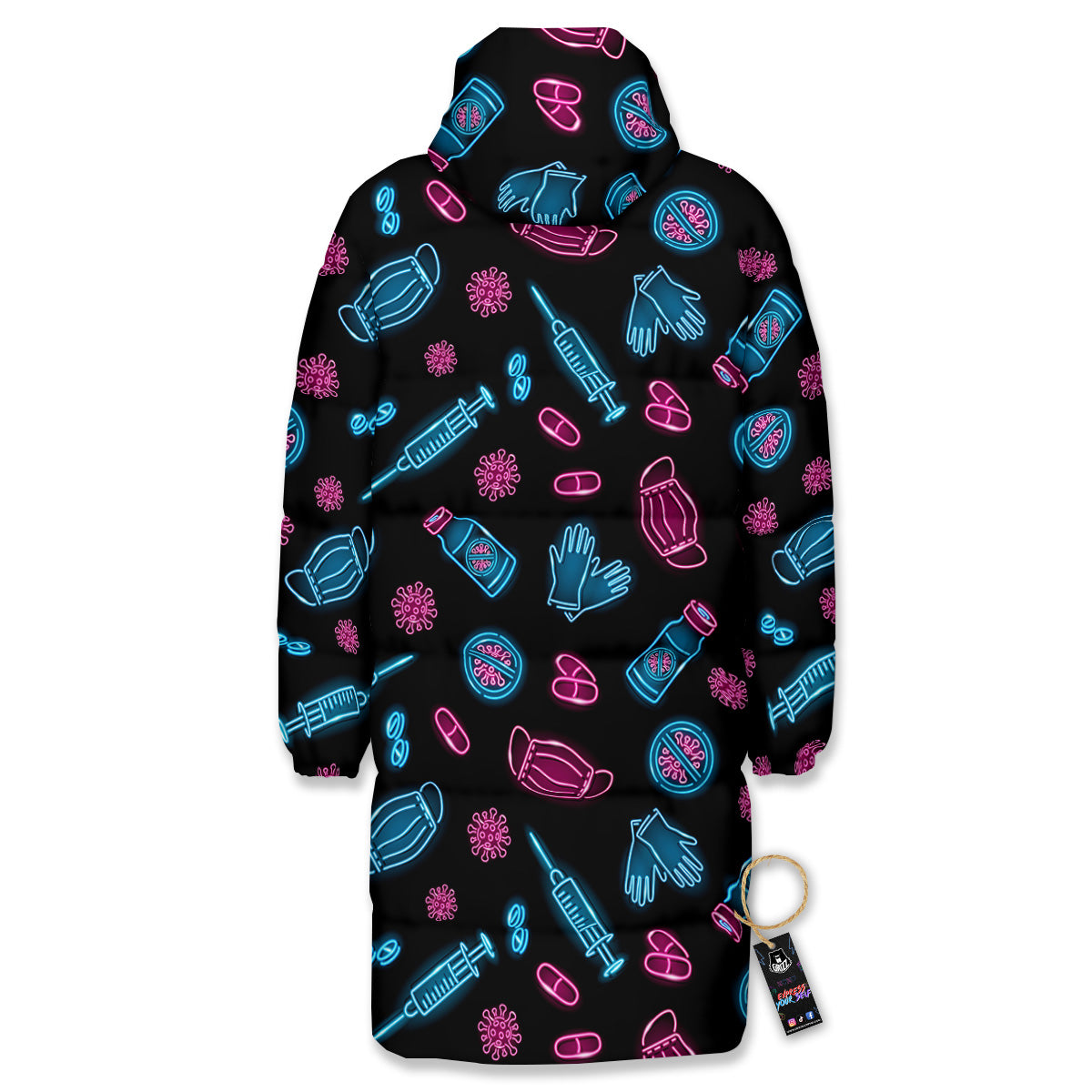 Neon Medical Equipment Print Pattern Long Down Jacket