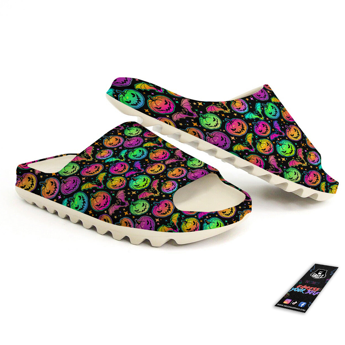 Neon Pumpkins And Bat Halloween Print Pattern Sandals-grizzshop