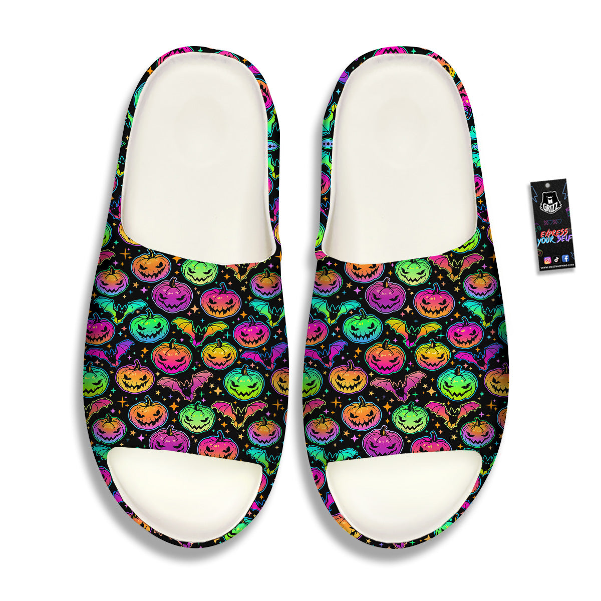 Neon Pumpkins And Bat Halloween Print Pattern Sandals-grizzshop