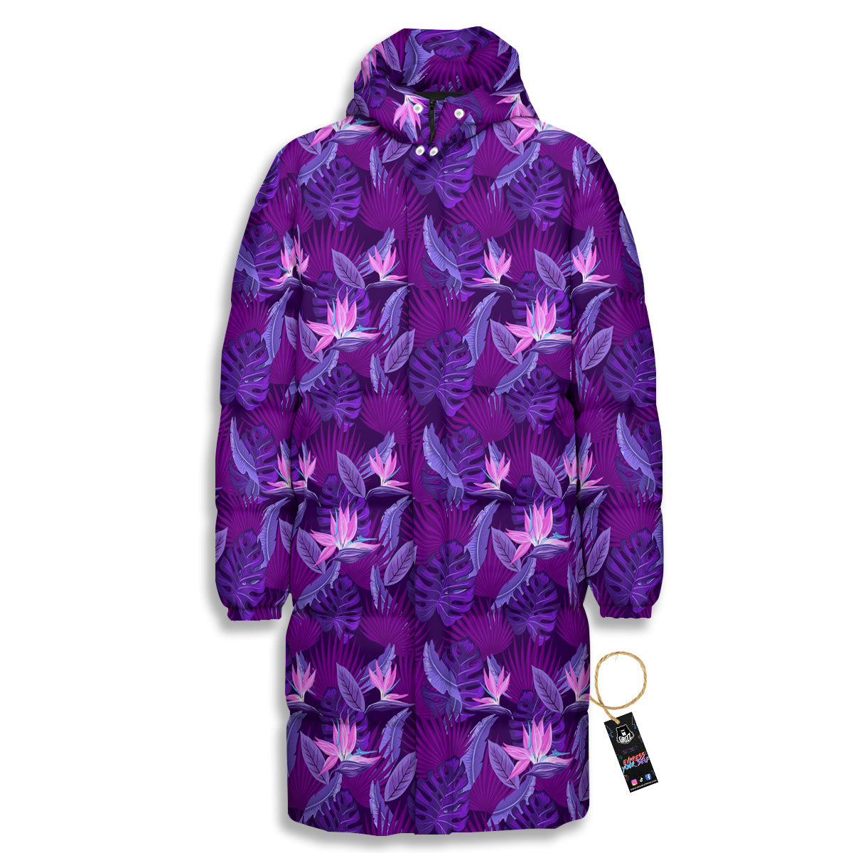 Neon Tropical Foliage And Leave Print Pattern Long Down Jacket