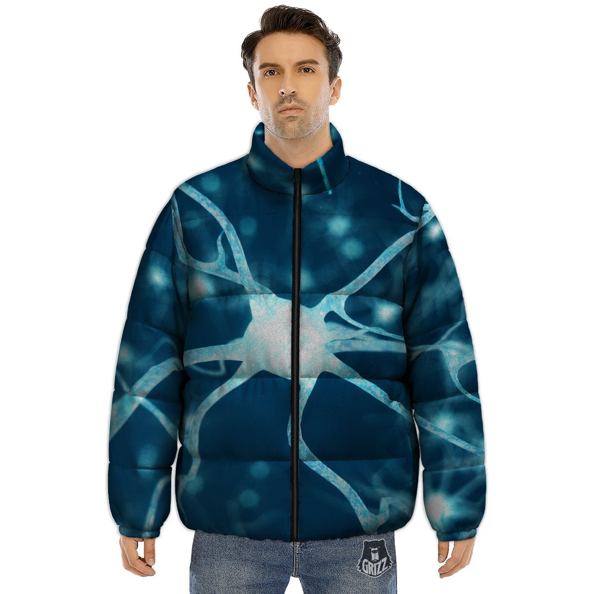 Neurons Inside The Brain Print Puffer Jacket-grizzshop