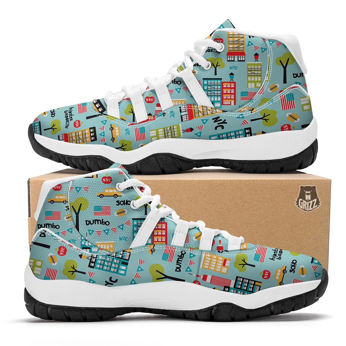 New York Print Pattern White Bball Shoes-grizzshop