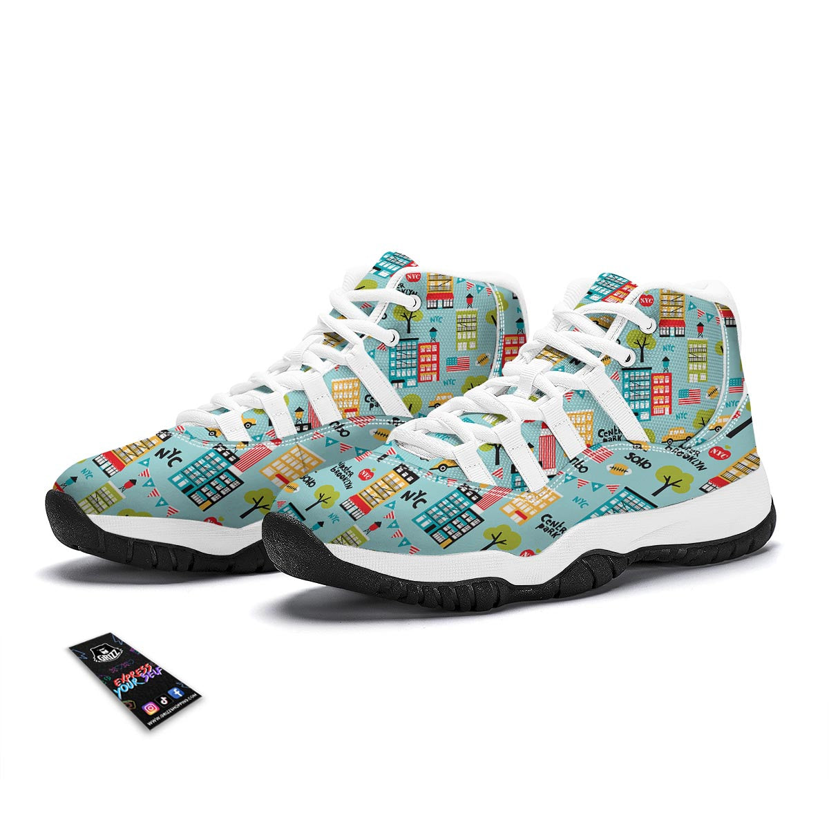 New York Print Pattern White Bball Shoes-grizzshop