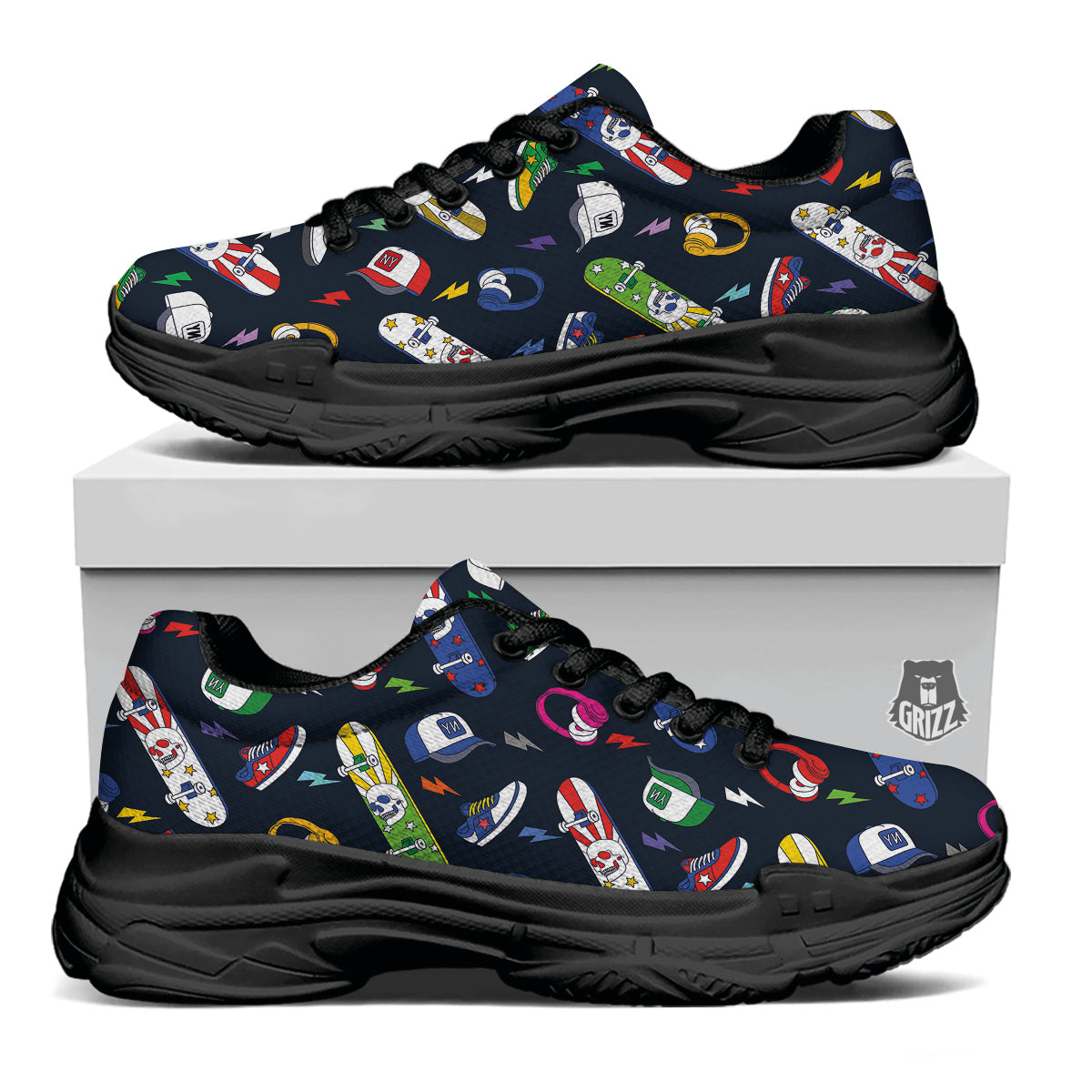 New York Skateboard Colorful Print Pattern Black Chunky Shoes-grizzshop