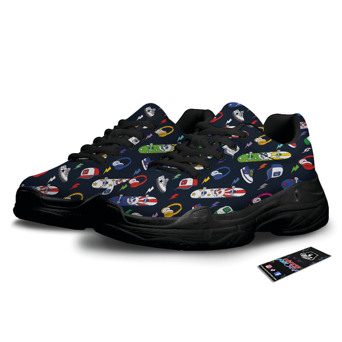 New York Skateboard Colorful Print Pattern Black Chunky Shoes-grizzshop