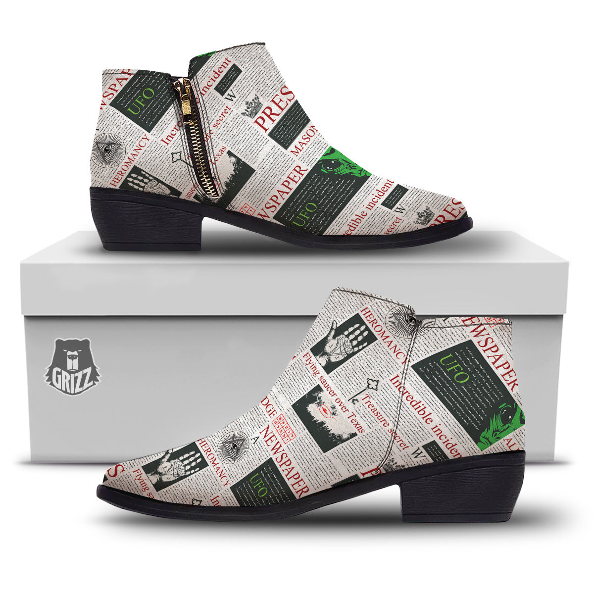 Newspaper Aliens Topic Print Pattern Ankle Boots-grizzshop