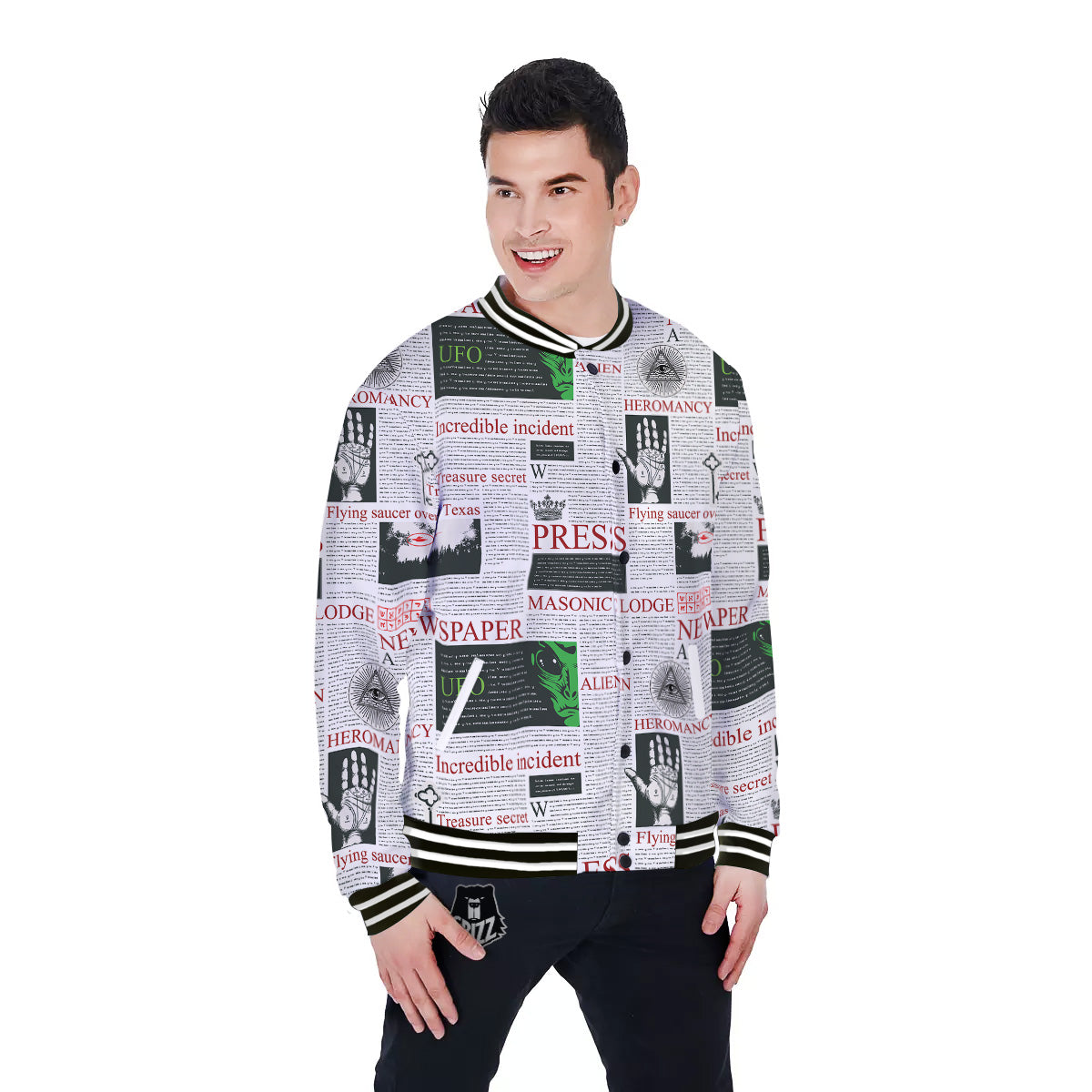 Newspaper Aliens Topic Print Pattern Baseball Jacket-grizzshop