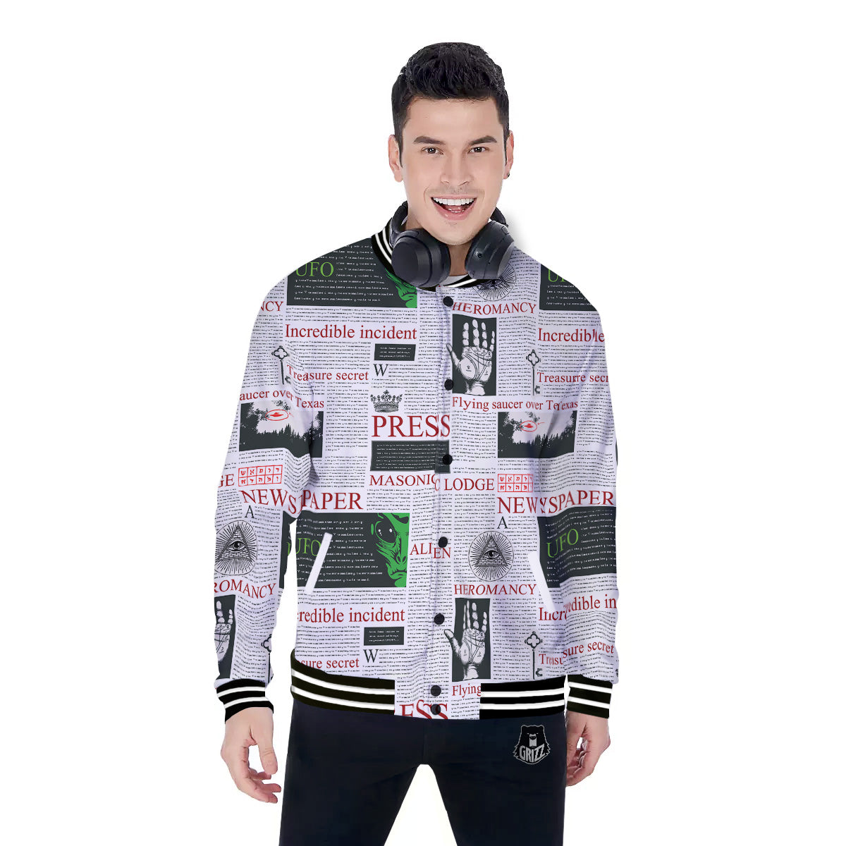 Newspaper Aliens Topic Print Pattern Baseball Jacket-grizzshop