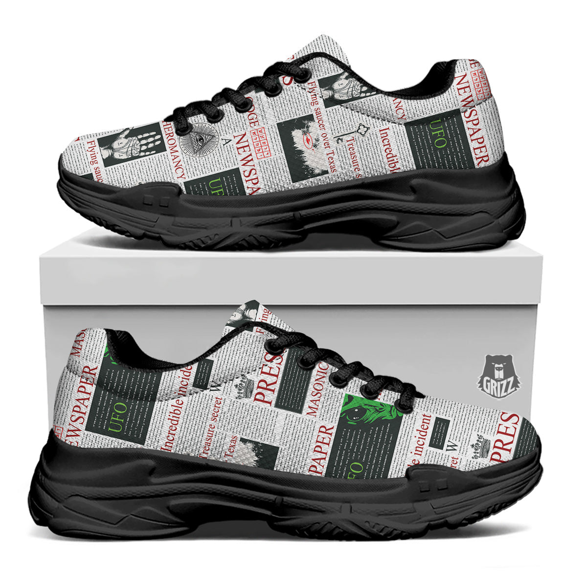 Newspaper Aliens Topic Print Pattern Black Chunky Shoes-grizzshop