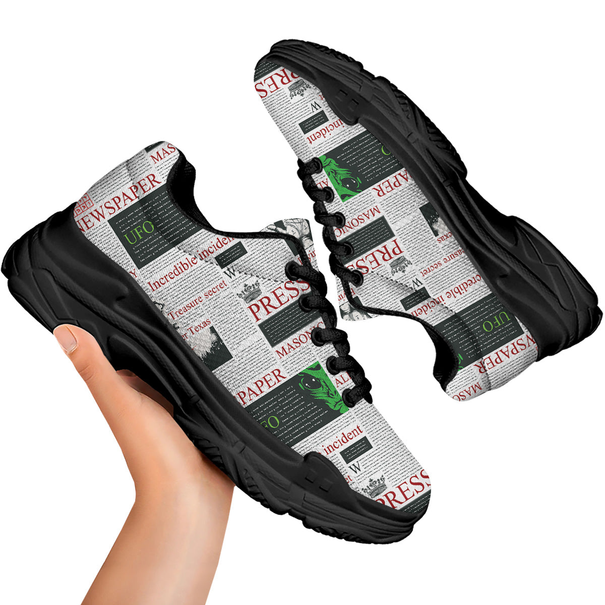 Newspaper Aliens Topic Print Pattern Black Chunky Shoes-grizzshop