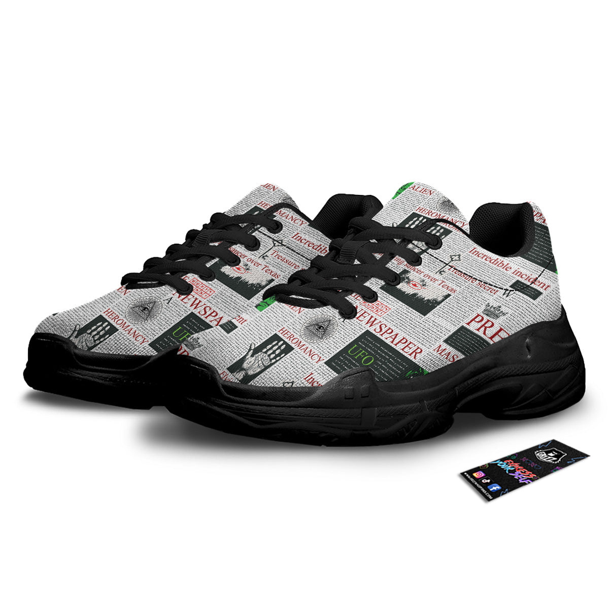Newspaper Aliens Topic Print Pattern Black Chunky Shoes-grizzshop