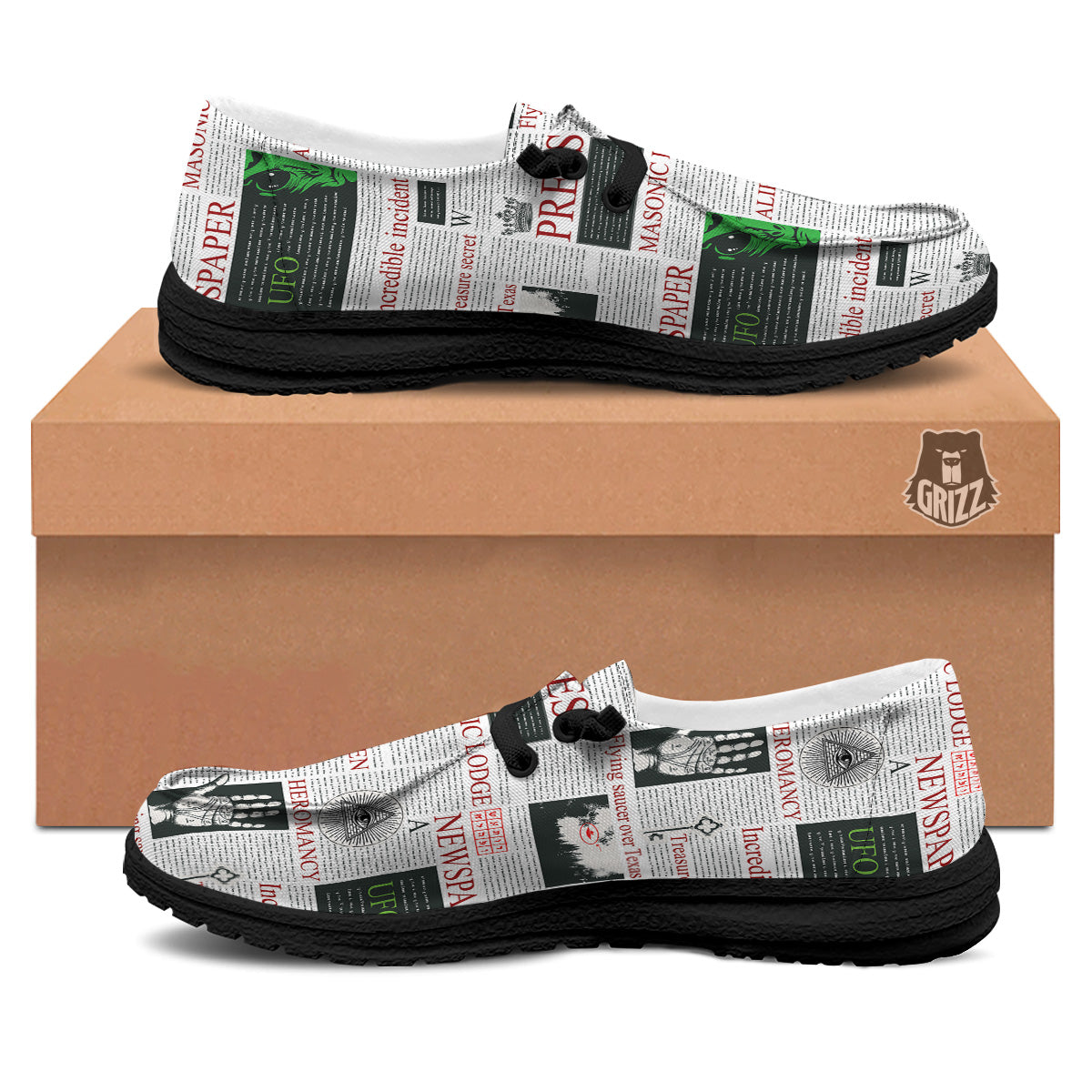 Newspaper Aliens Topic Print Pattern Black Loafers-grizzshop