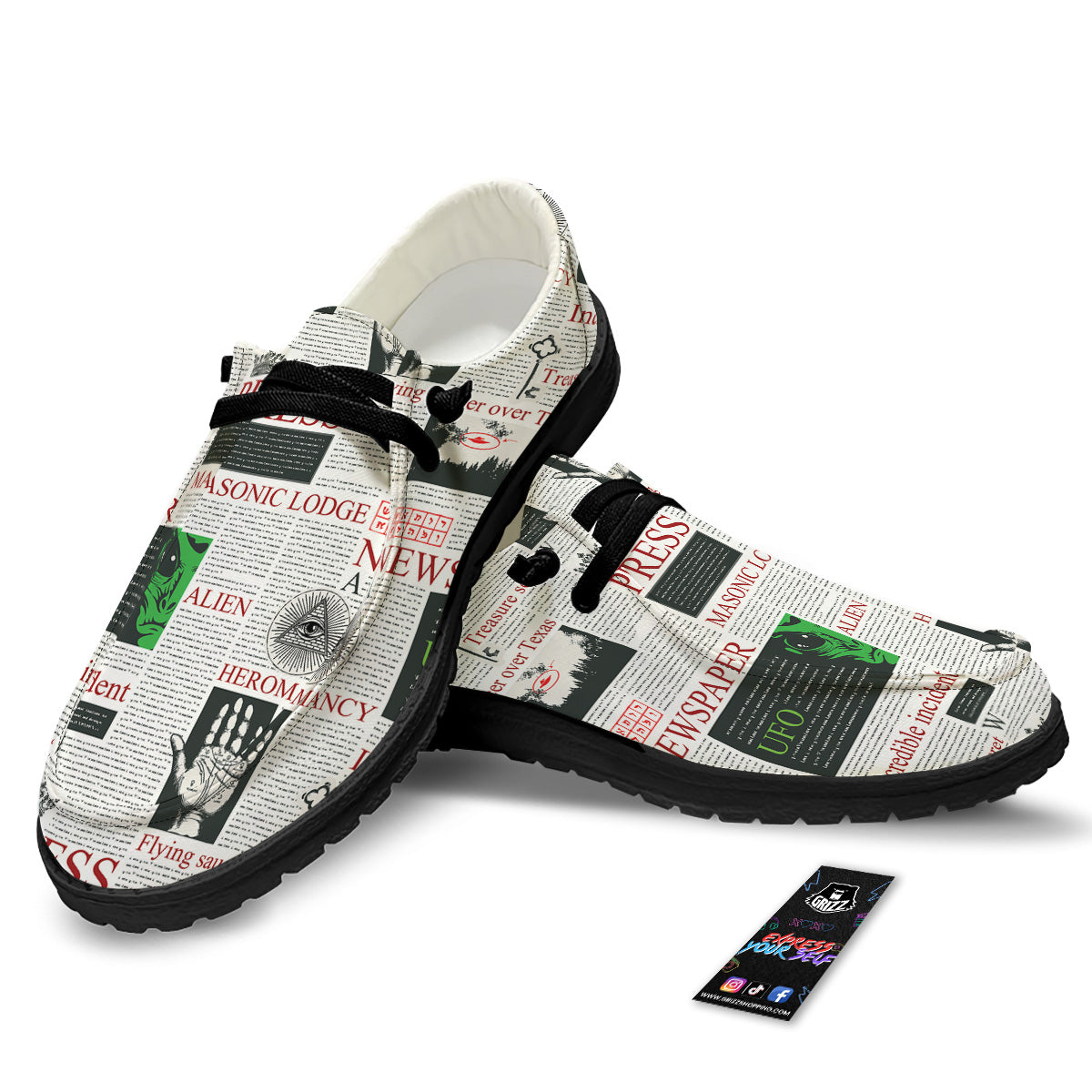 Newspaper Aliens Topic Print Pattern Black Loafers-grizzshop
