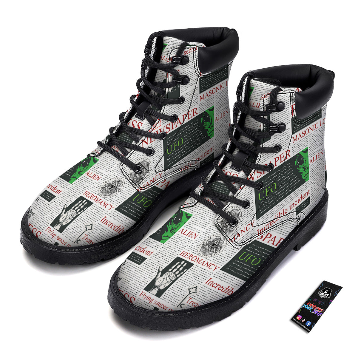 Newspaper Aliens Topic Print Pattern Boots-grizzshop