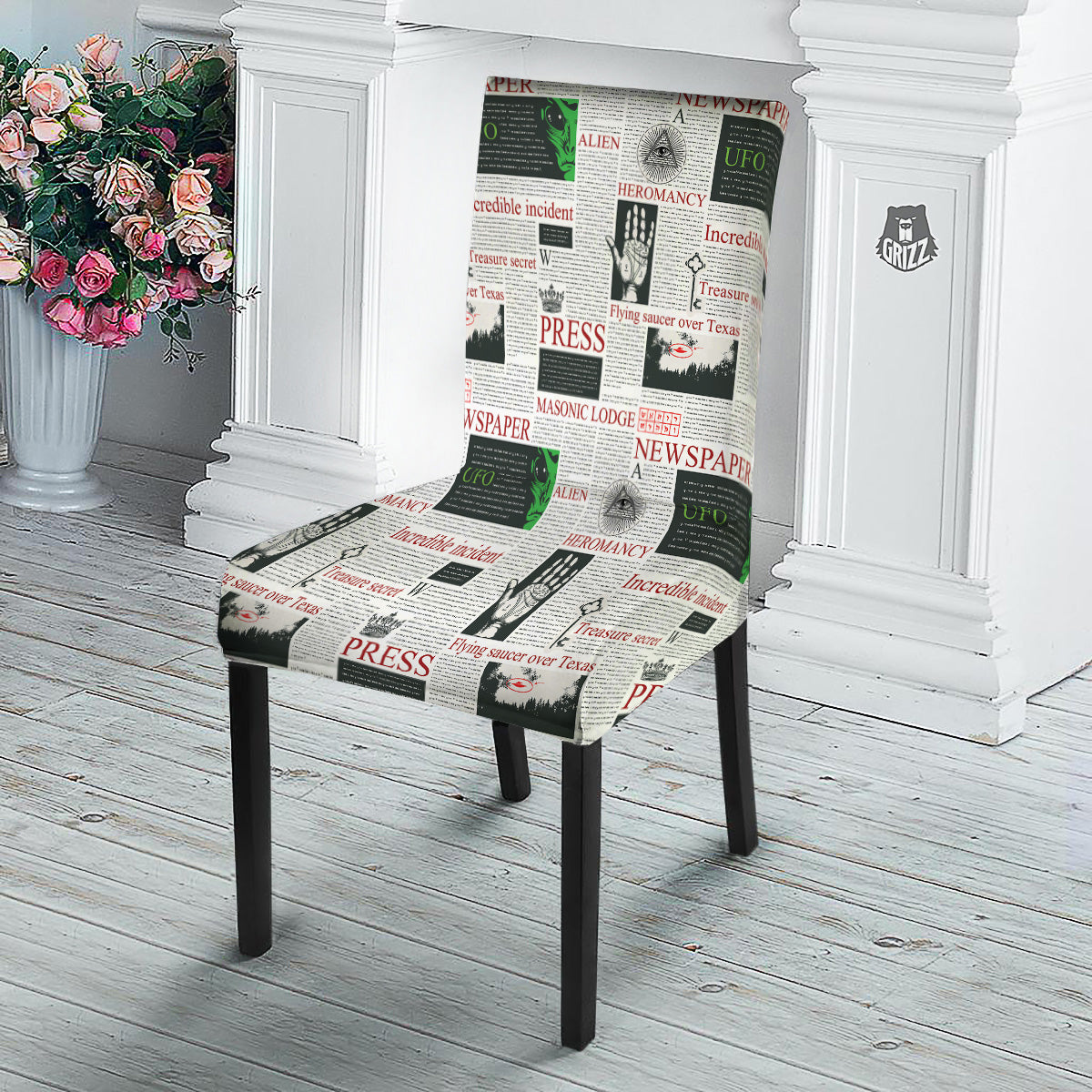 Newspaper Aliens Topic Print Pattern Dining Chair Slipcover-grizzshop