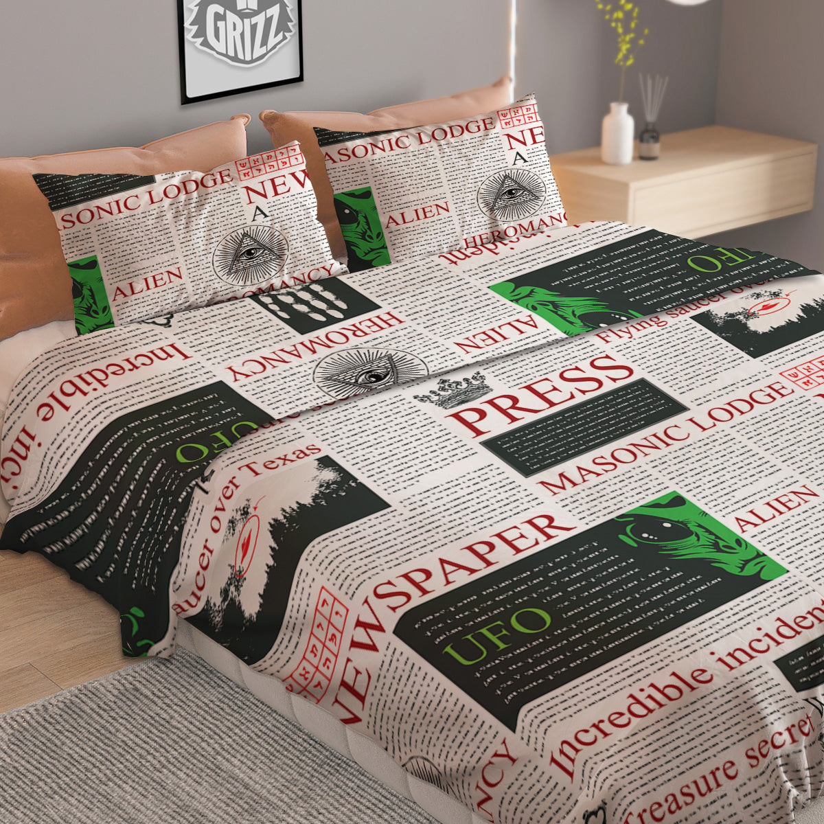 Newspaper Aliens Topic Print Pattern Duvet Cover Bedding Set