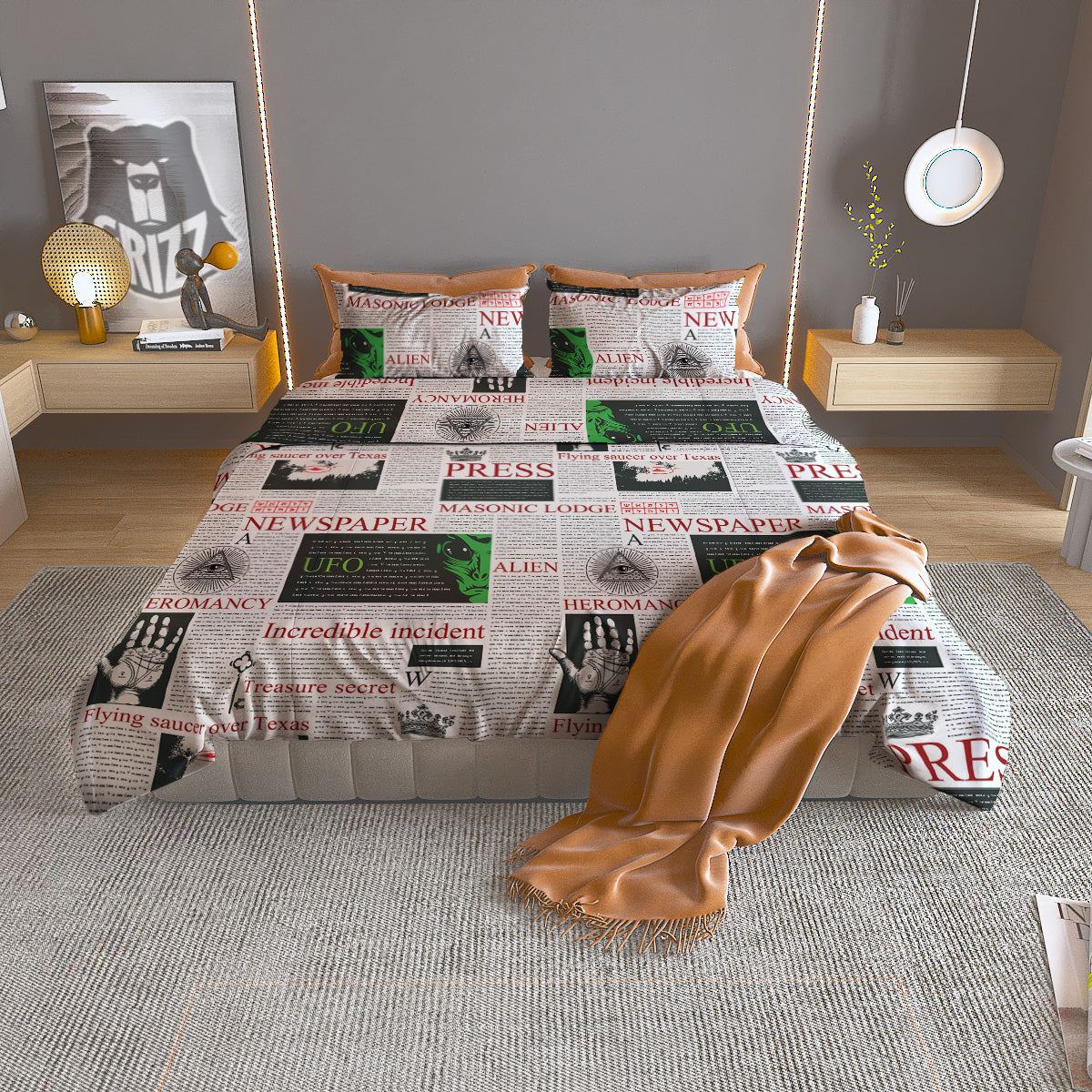 Newspaper Aliens Topic Print Pattern Duvet Cover Bedding Set