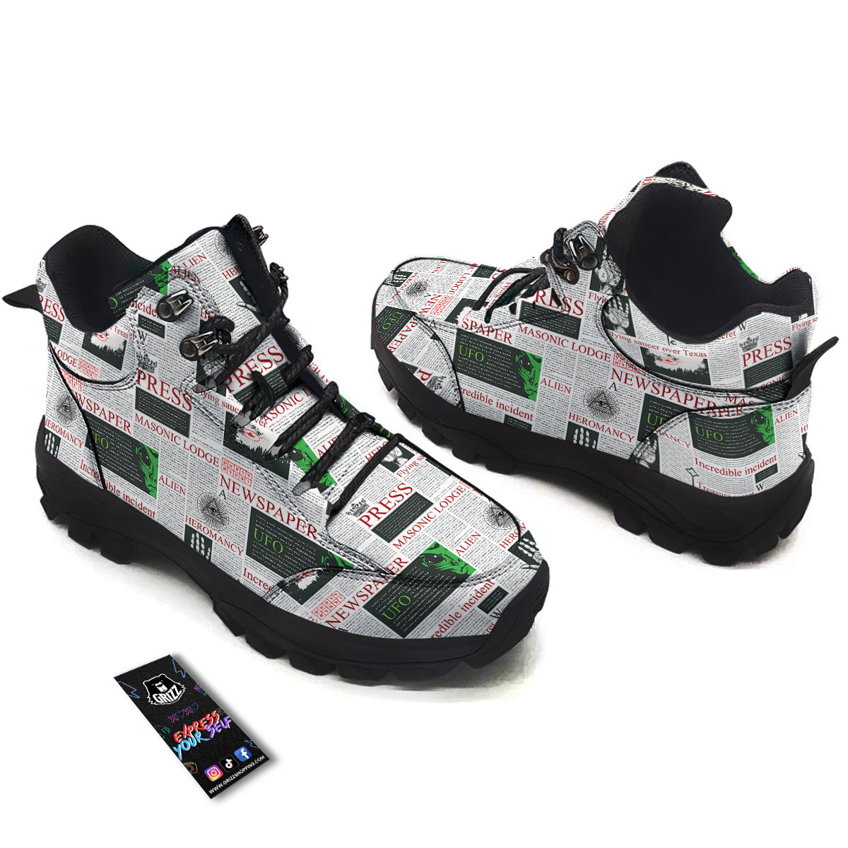 Newspaper Aliens Topic Print Pattern Hiking Shoes-grizzshop