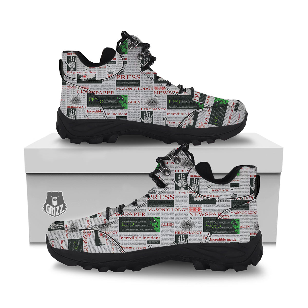 Newspaper Aliens Topic Print Pattern Hiking Shoes-grizzshop