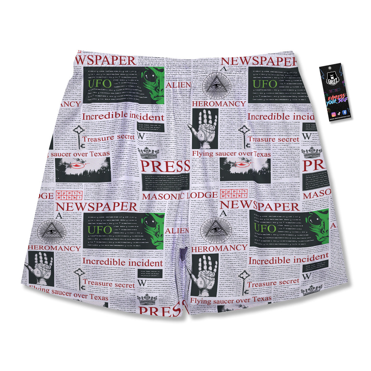 Newspaper Aliens Topic Print Pattern Men's Running Shorts-grizzshop