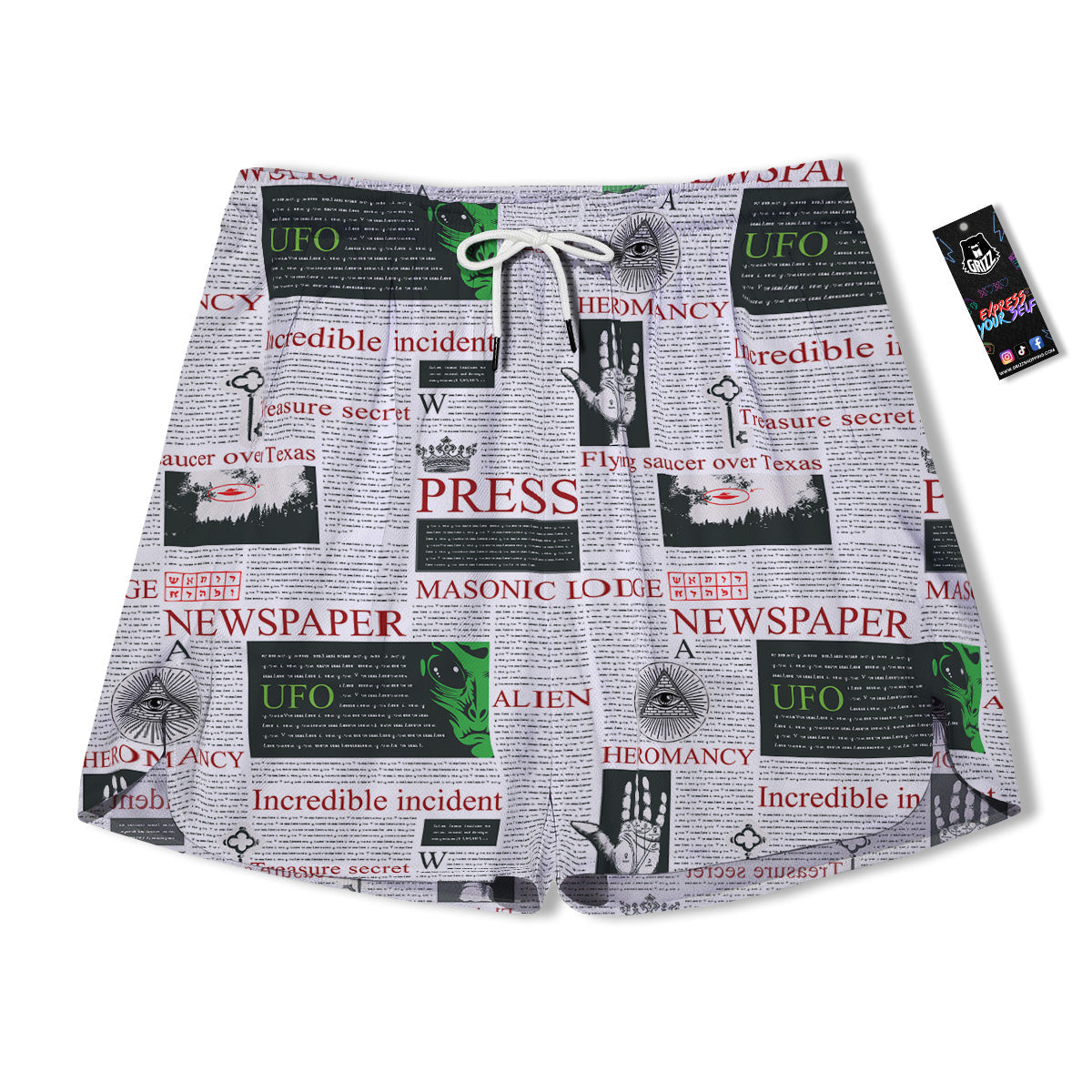 Newspaper Aliens Topic Print Pattern Men's Running Shorts-grizzshop