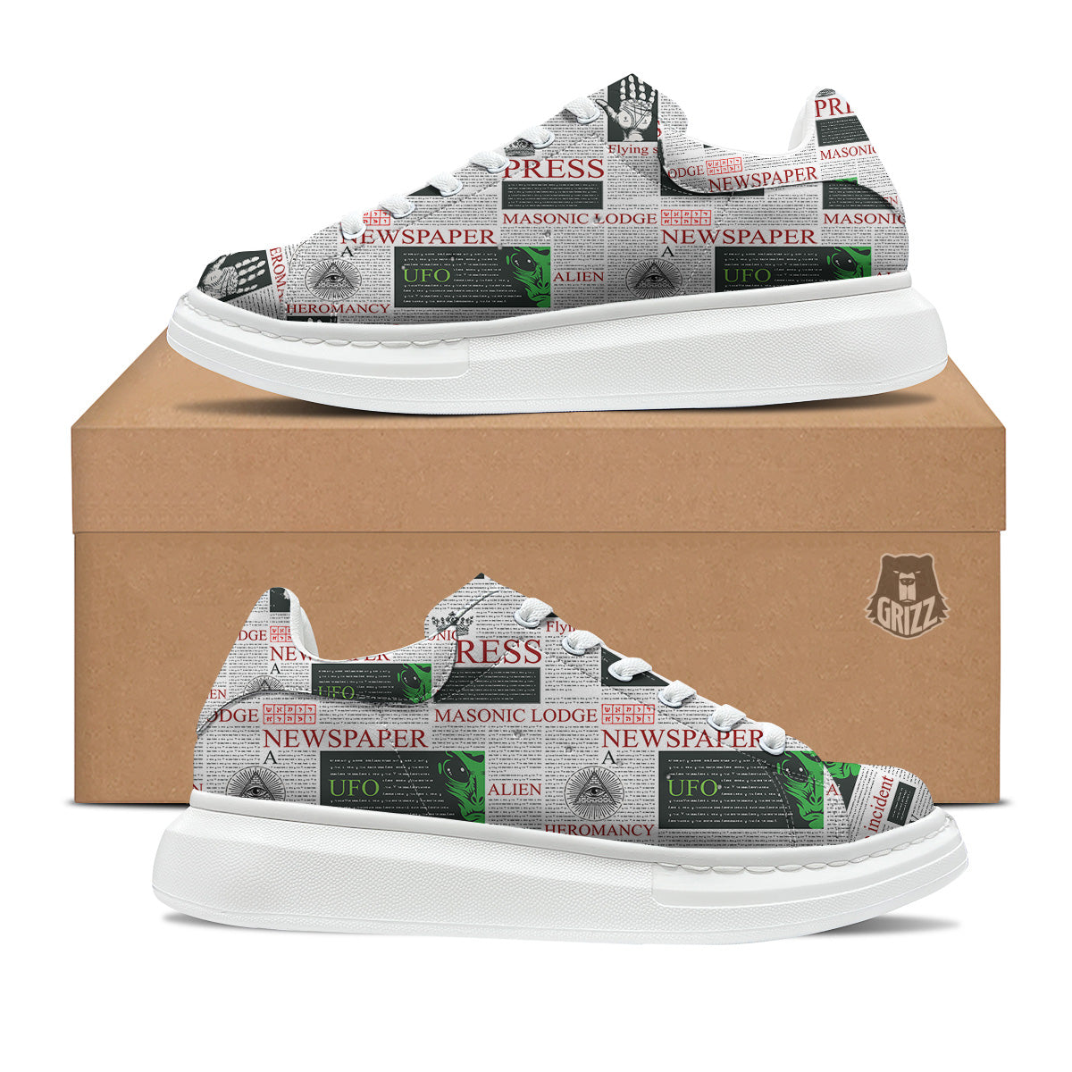 Newspaper Aliens Topic Print Pattern Platform Shoes-grizzshop