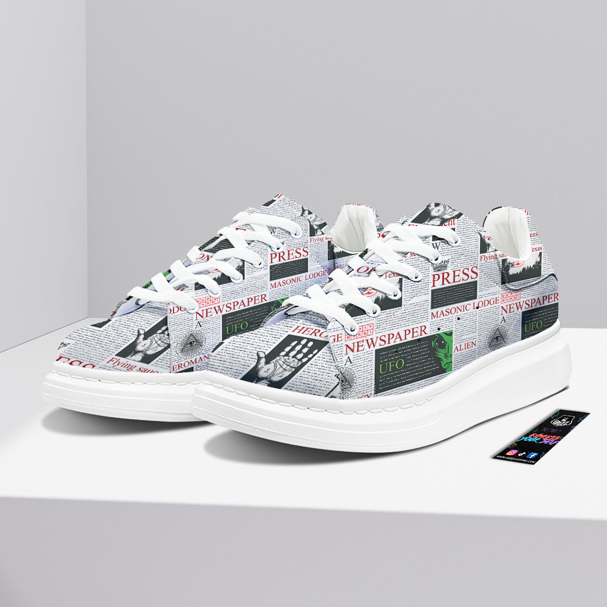 Newspaper Aliens Topic Print Pattern Platform Shoes-grizzshop
