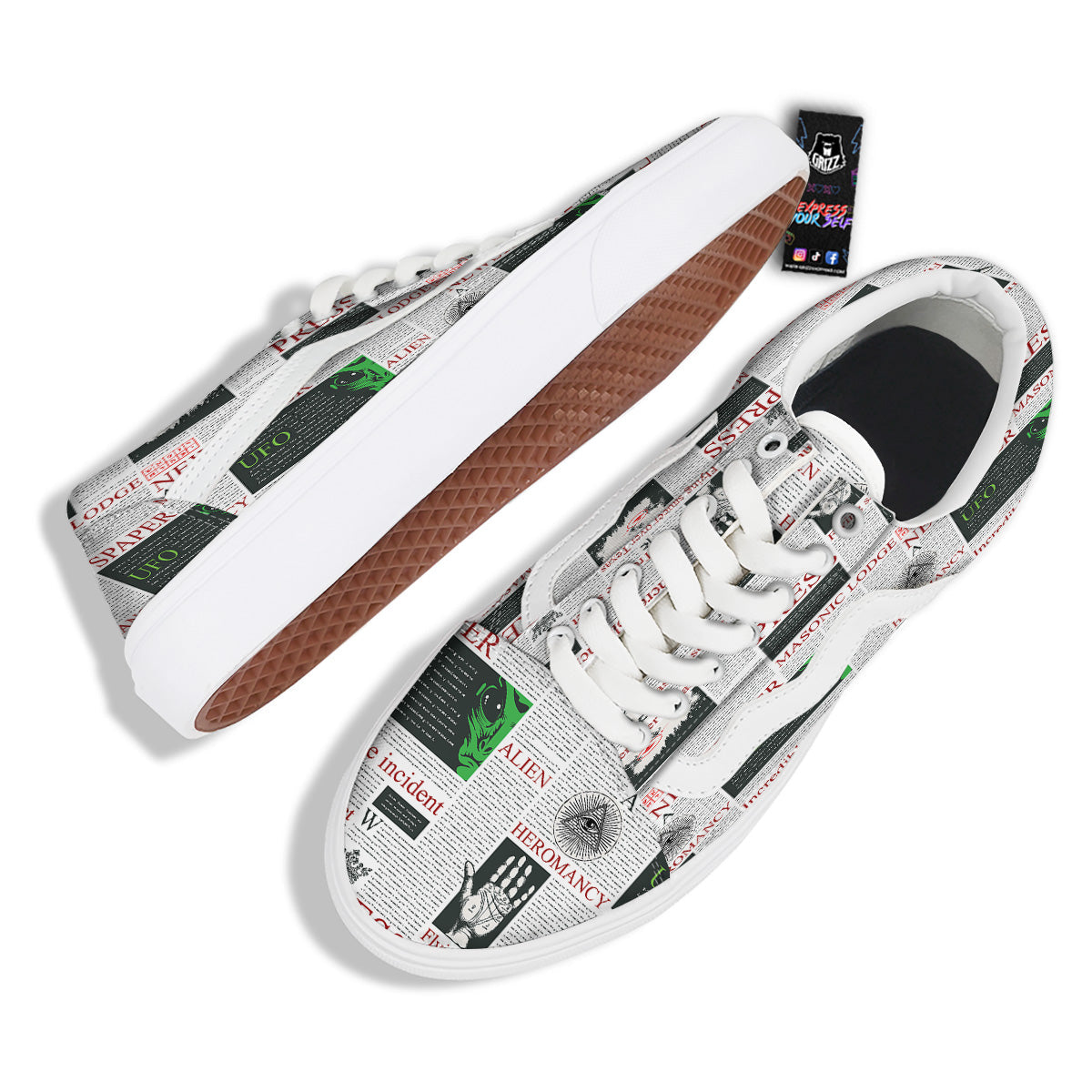 Newspaper Aliens Topic Print Pattern Skate Shoes-grizzshop