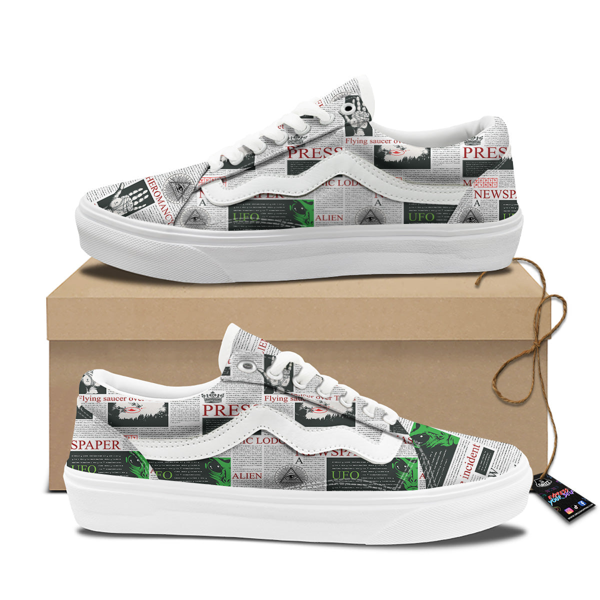 Newspaper Aliens Topic Print Pattern Skate Shoes-grizzshop