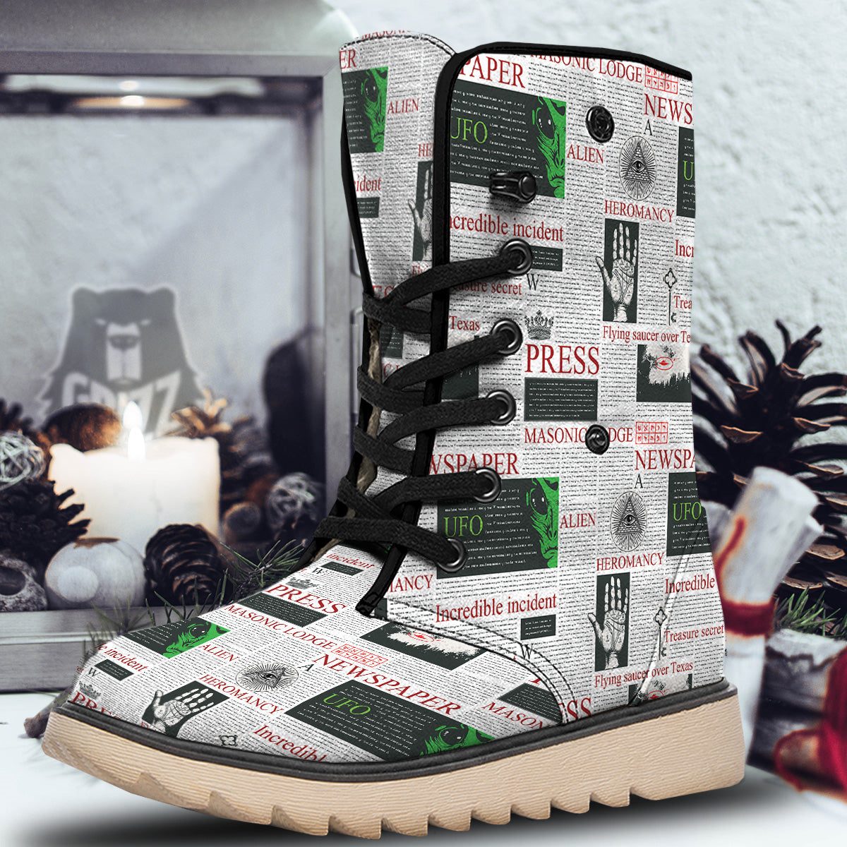 Newspaper Aliens Topic Print Pattern Snow Boots-grizzshop