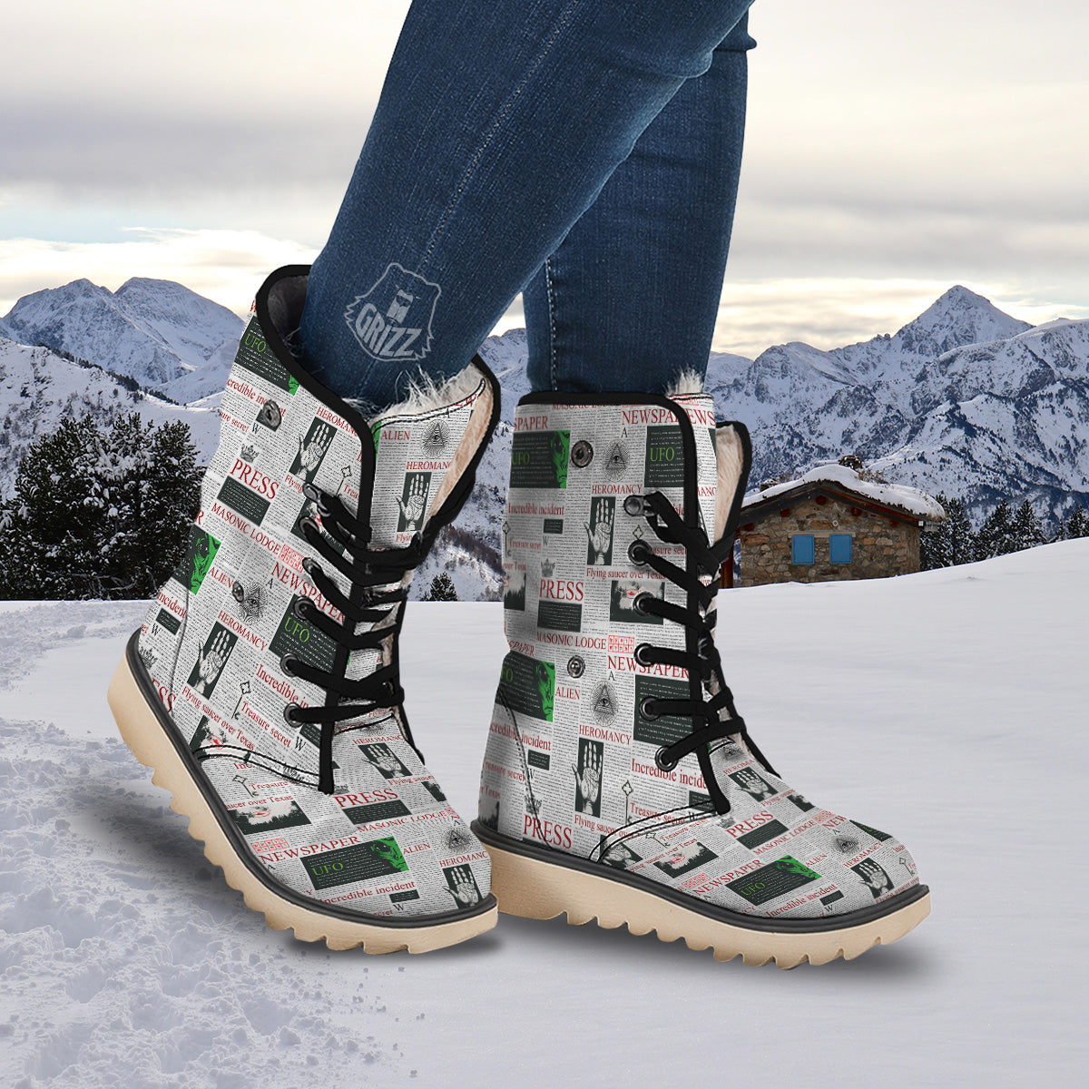 Newspaper Aliens Topic Print Pattern Snow Boots-grizzshop