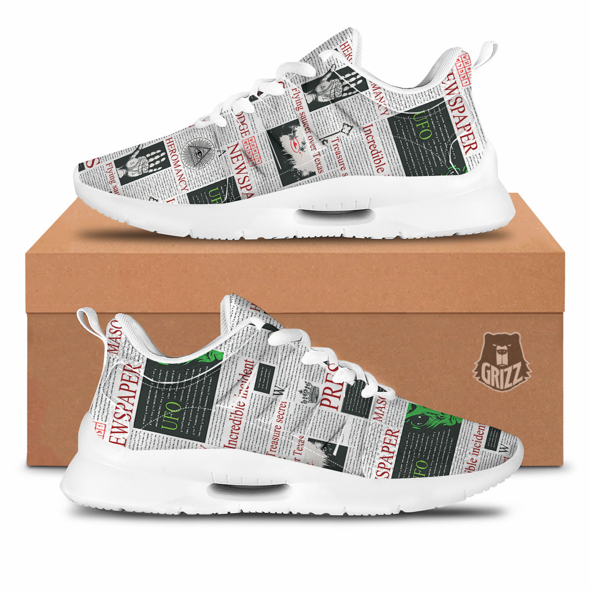 Newspaper Aliens Topic Print Pattern Tennis Shoes-grizzshop