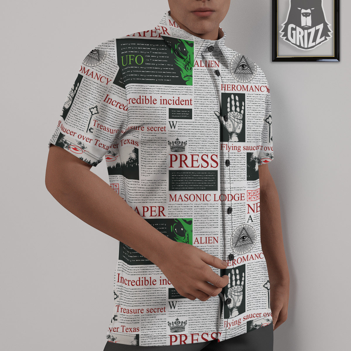 Newspaper Aliens Topic Print Pattern Untucked Shirts-grizzshop